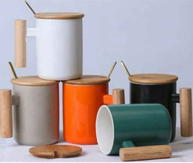 Porcelain Mug Bamboo Lid Wooden Handle with Spoon