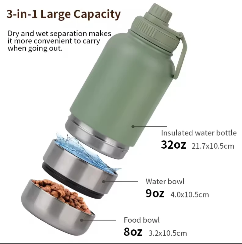 Insulated Dog Water Bottle Storage Case 3 in 1 32Oz Portable Pet Feeder Travel Bowl Stainless Steel Tumblers